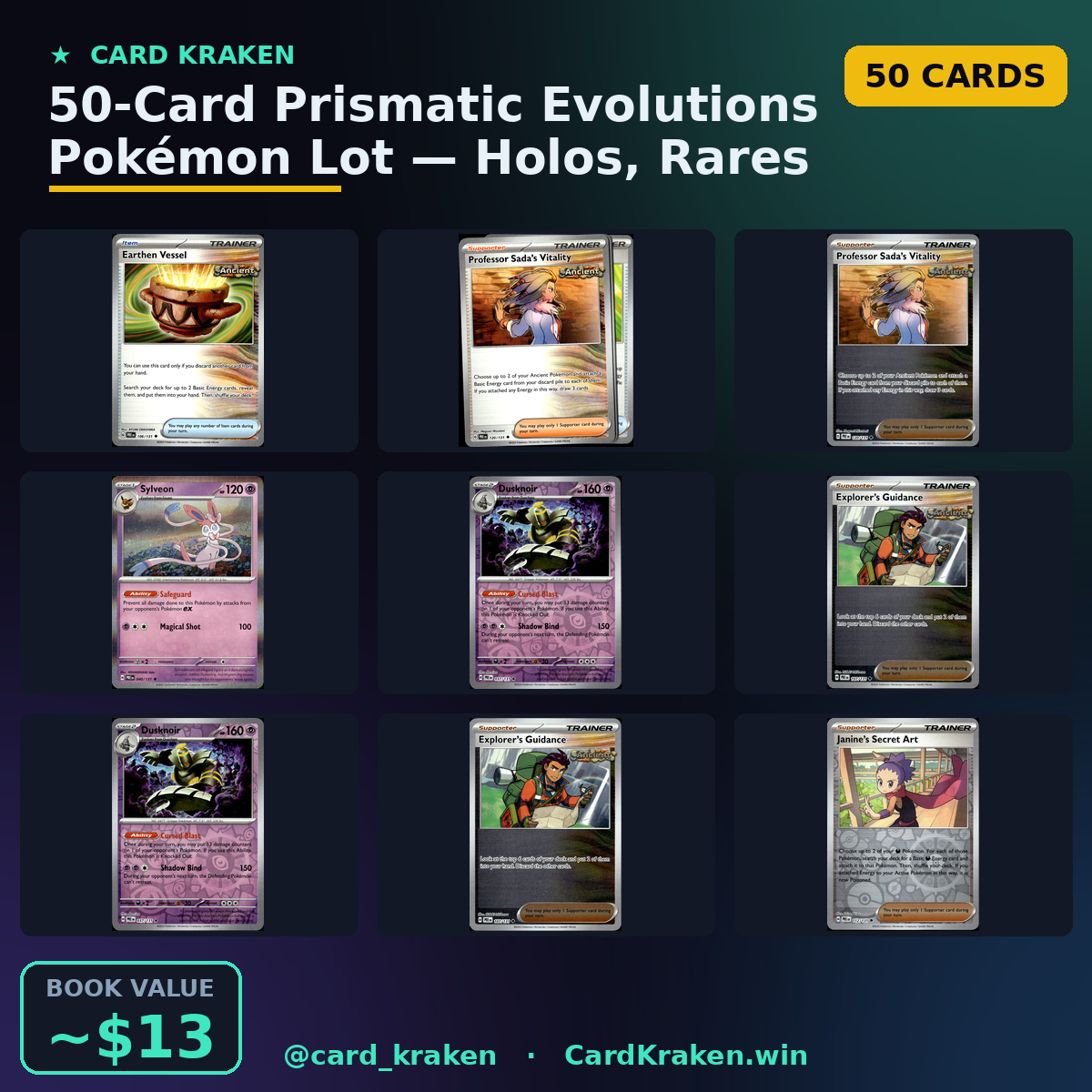 50-Card Prismatic Evolutions Pokémon Lot — Holos, Rares & More