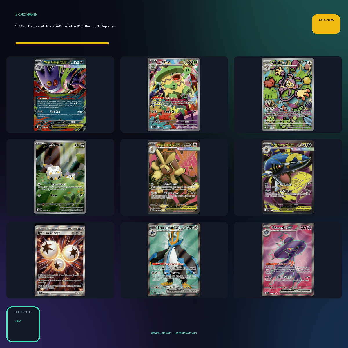 100-Card Phantasmal Flames Pokémon Set Lot — 100 Unique, No Duplicates