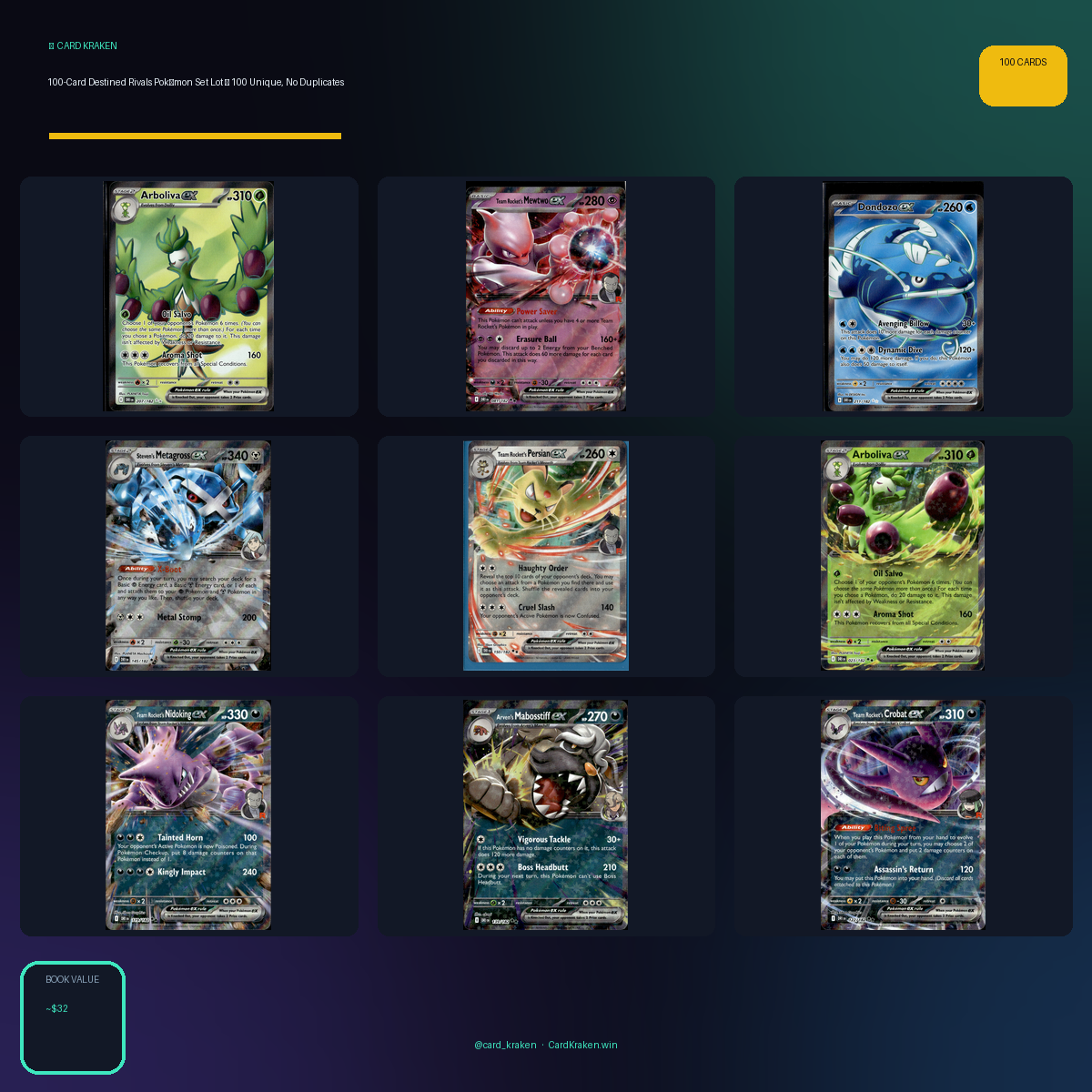 100-Card Destined Rivals Pokémon Set Lot — 100 Unique, No Duplicates