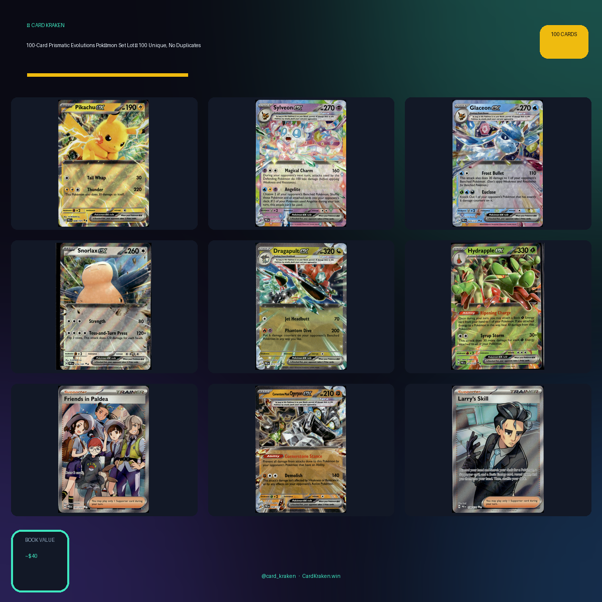 100-Card Prismatic Evolutions Pokémon Set Lot — 100 Unique, No Duplicates
