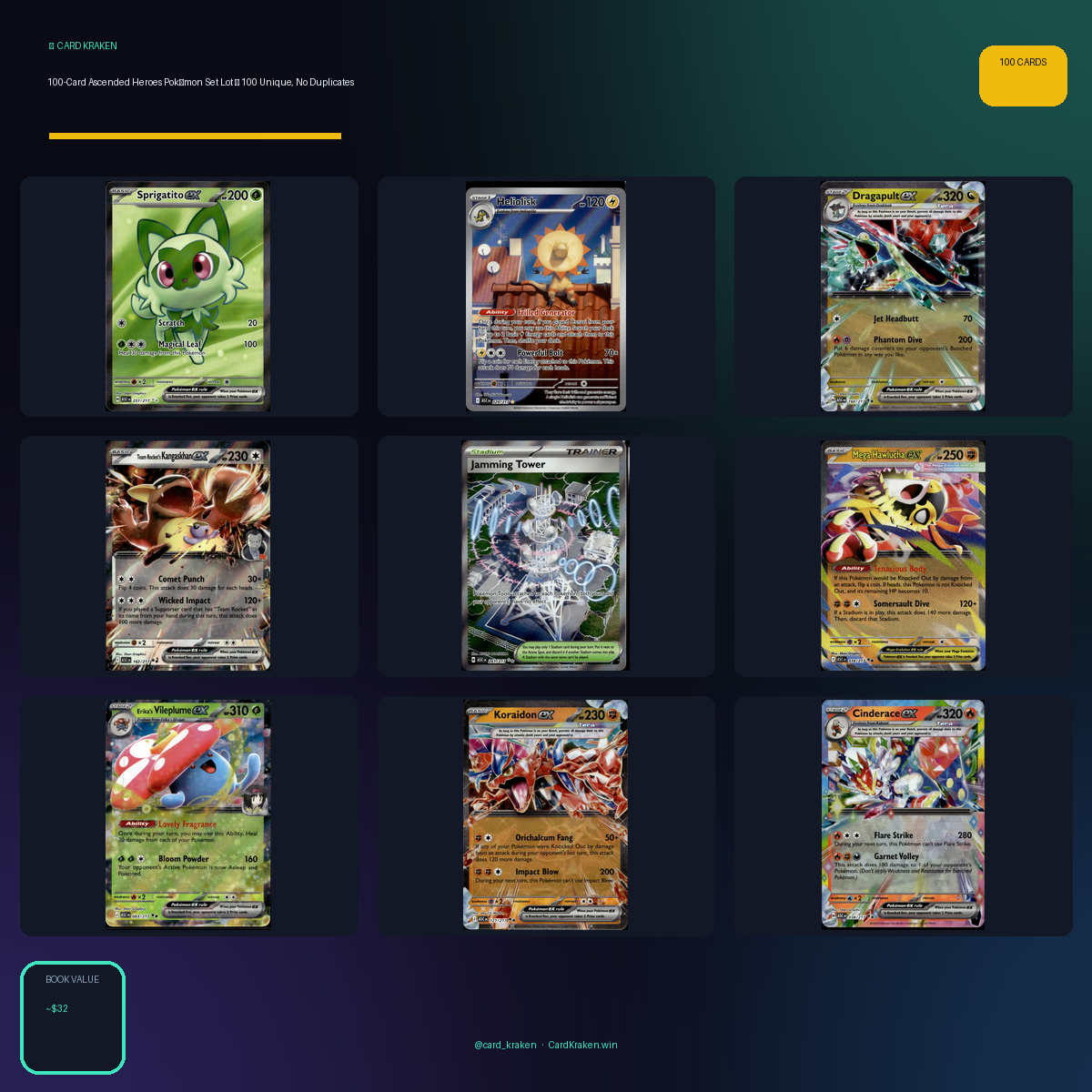 100-Card Ascended Heroes Pokémon Set Lot — 100 Unique, No Duplicates