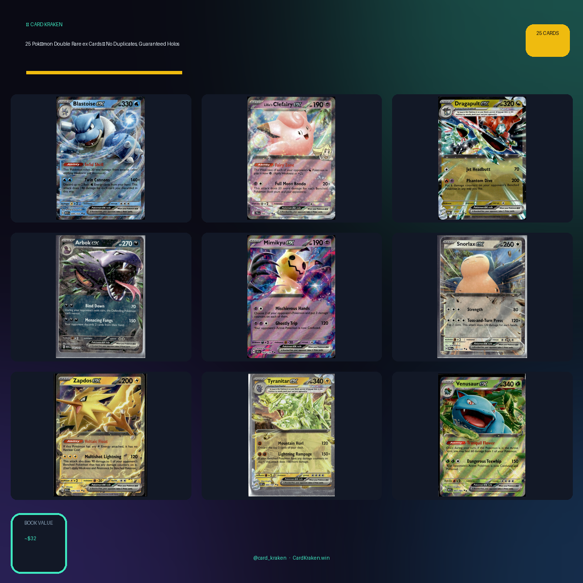 25 Pokémon Double Rare ex Cards — No Duplicates, Guaranteed Holos