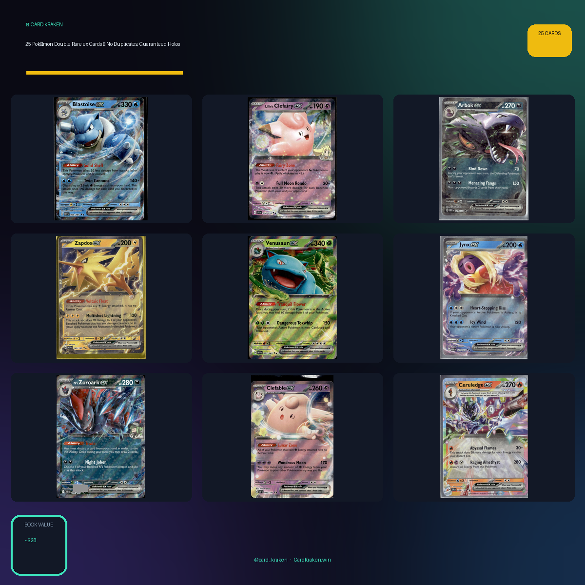 25 Pokémon Double Rare ex Cards — No Duplicates, Guaranteed Holos