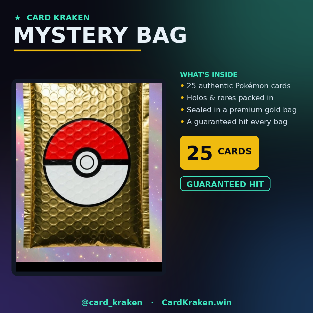 Pokémon Mystery Bag — 25 Cards, Guaranteed Holos & Rares